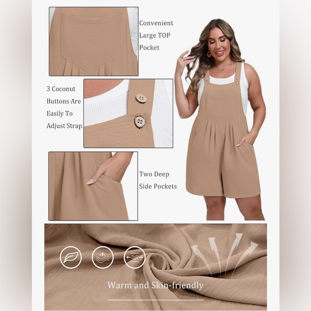 NWT- Soft Tan Overall 
Shorts Romper with Pockets
Classic and comfortable - Picture 5 of 7